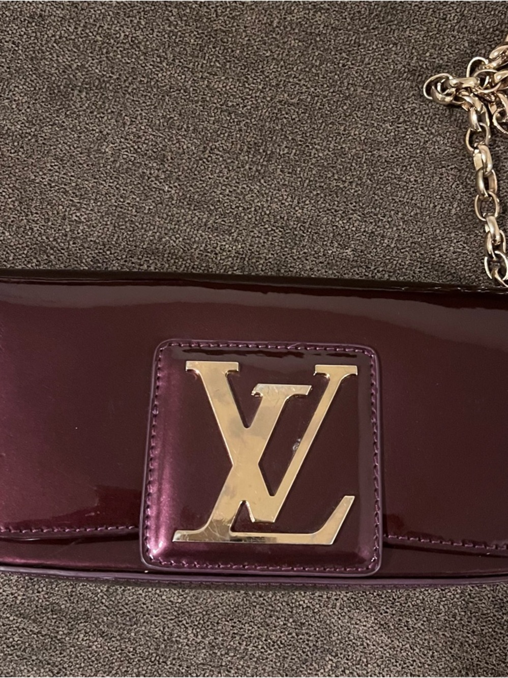Louis Vuitton Deep Plum Patent Leather Chain Clutch with Gold Logo